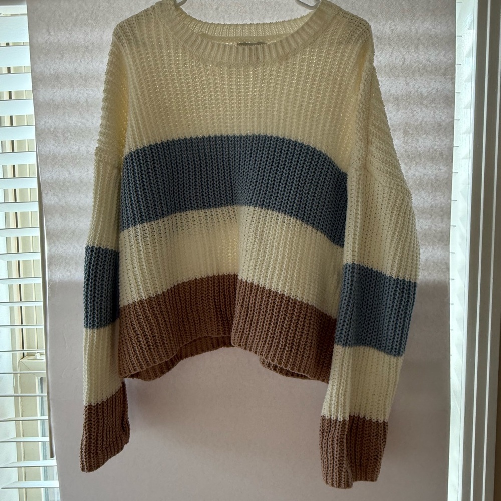 Striped Knit Sweater - Cream, Blue, and Brown